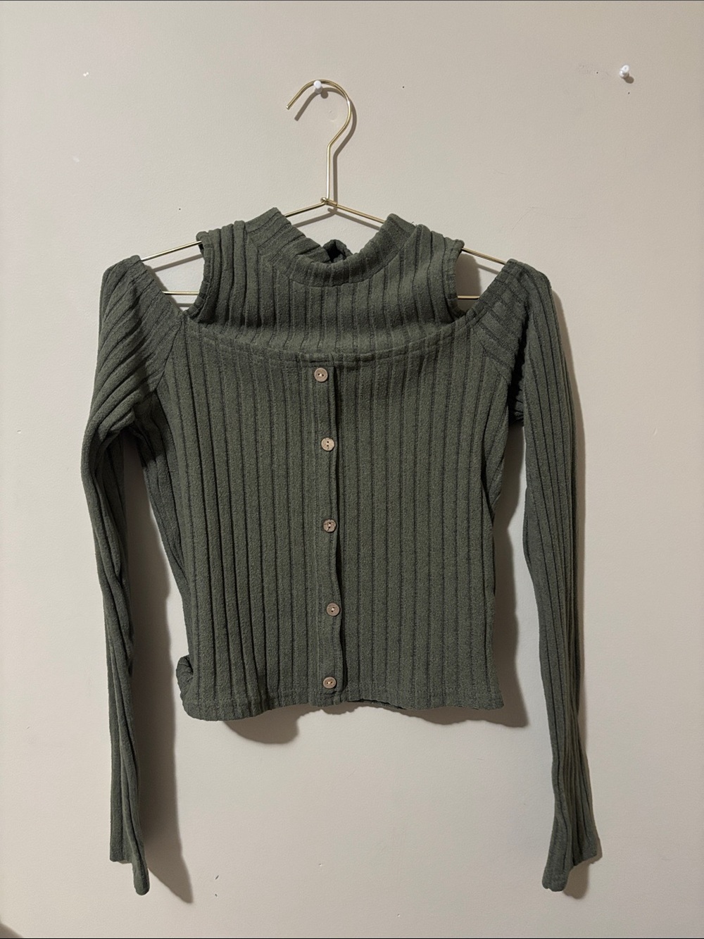 SHEIN Olive Green Ribbed Off-Shoulder Button-Back Sweater